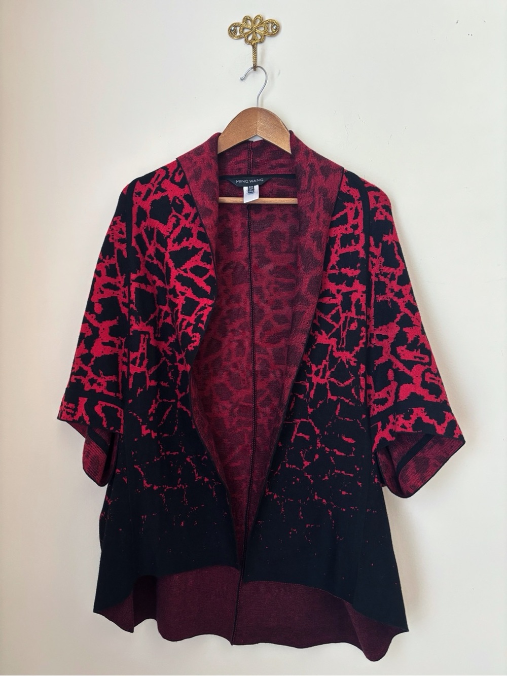 Ming Wang Red & Black Abstract Print Knit Kimono Cardigan Sweater Small Medium